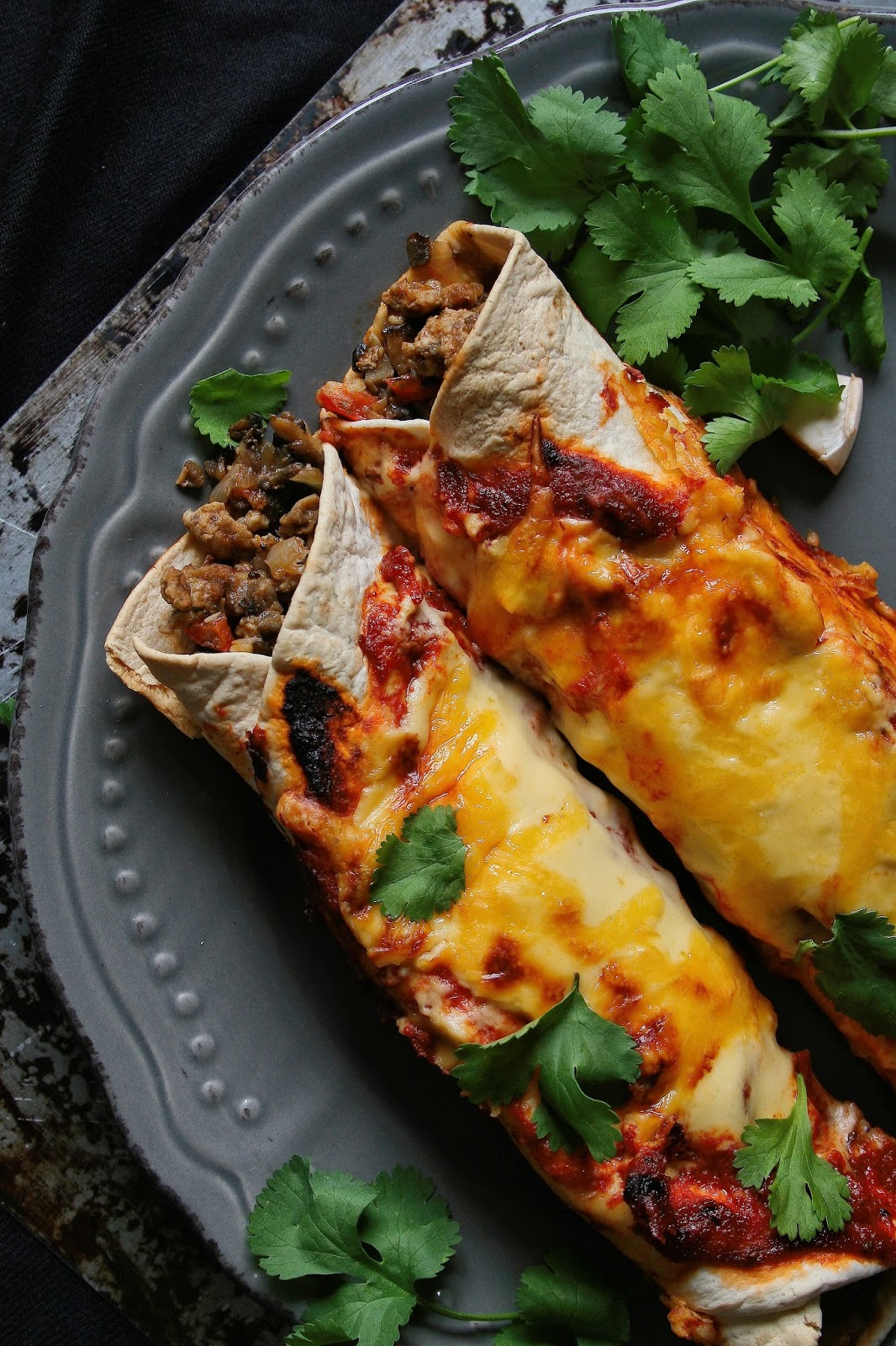 Cupcakes & Couscous Cheesy Mushroom & Pork Enchiladas