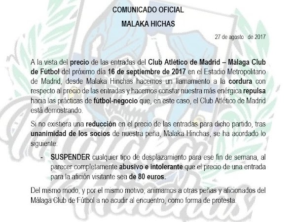El alto precio del Atlético - Málaga indigna a la afición malaguista