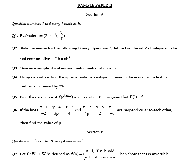 CBSE  Sample paper Mathematics 12