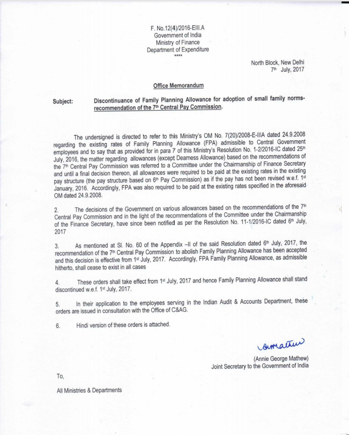 Discontinuance of Family Planning Allowance for adoption of small