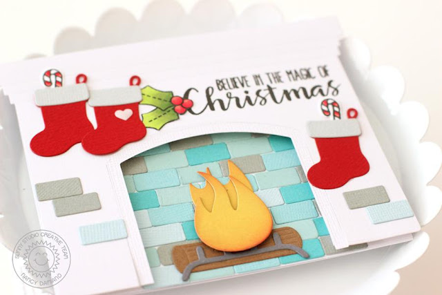 Sunny Studio Stamps: Fireplace Shaped Die Holiday Mantle Scene Card by Nancy Damiano