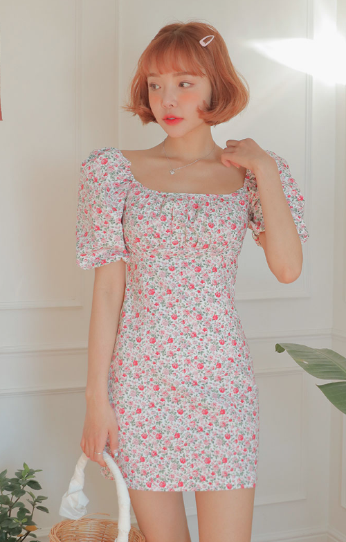 Square Neck Puff Sleeve Floral Print Dress