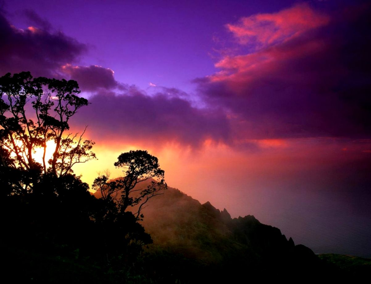 sunset mountains clouds landscapes forest awesome colors hd