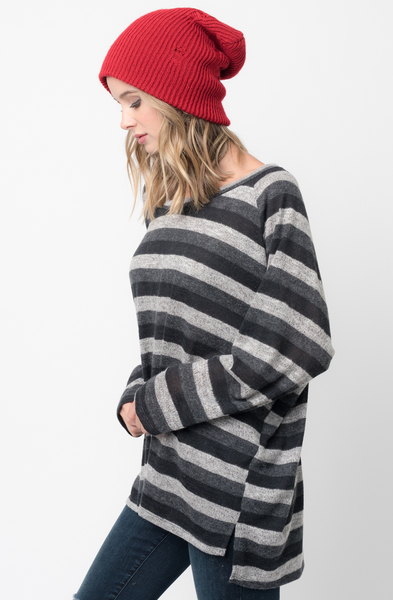 Shop for Black Hi Lo Long Sleeve Dolman Striped Sweater Tunic on Caralase.com
