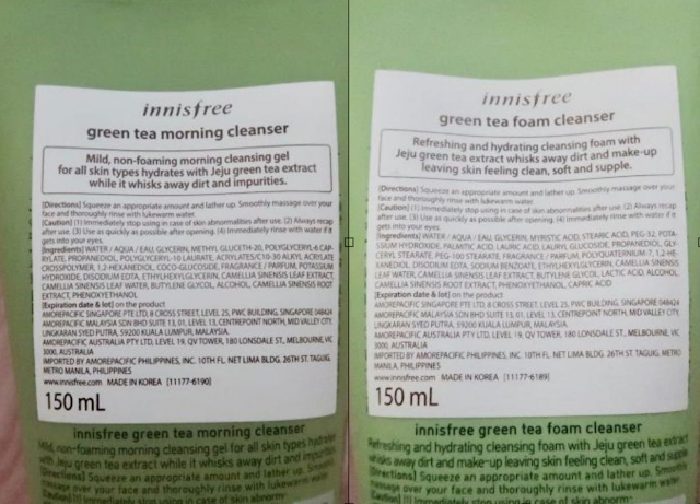 Innisfree Green Tea morning cleanser and foam cleanser Ingredients