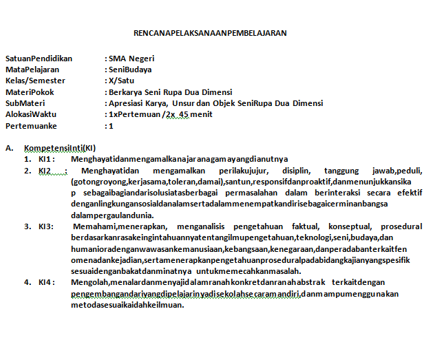 RPP Seni Budaya Kelas X Semester 1 Kurikulum 2013 Tahun