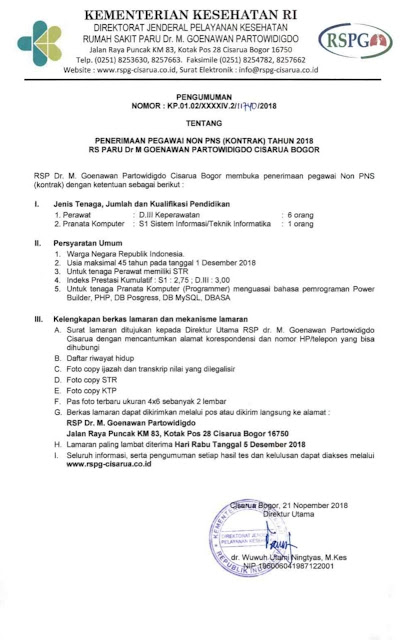 Penerimaan Pegawai Non PNS RS Paru Dr M Goenawan Partowidigdo Cisarua Bogor Tahun 2018