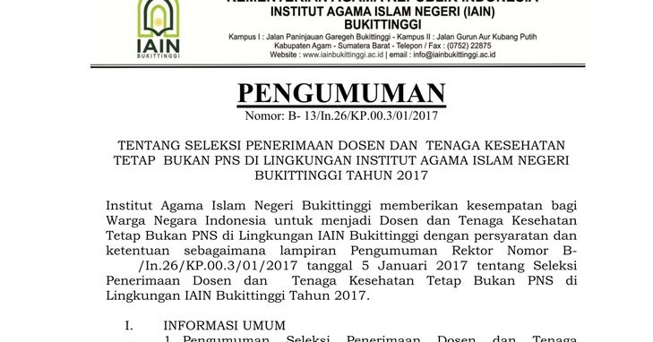 Lowongan Dosen Dan Pegawai Iain Bukittinggi 2017 Terbaru Harian Guru