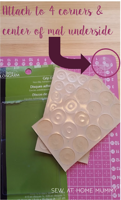 How to stop your rotary cutting mat from sliding around on your table. Tips and tricks from Sew at Home Mummy. Using Shelf Liner Grip or Dritz Grip Discs to stop your cutting mats from sliding in your quilting or sewing studio or room.