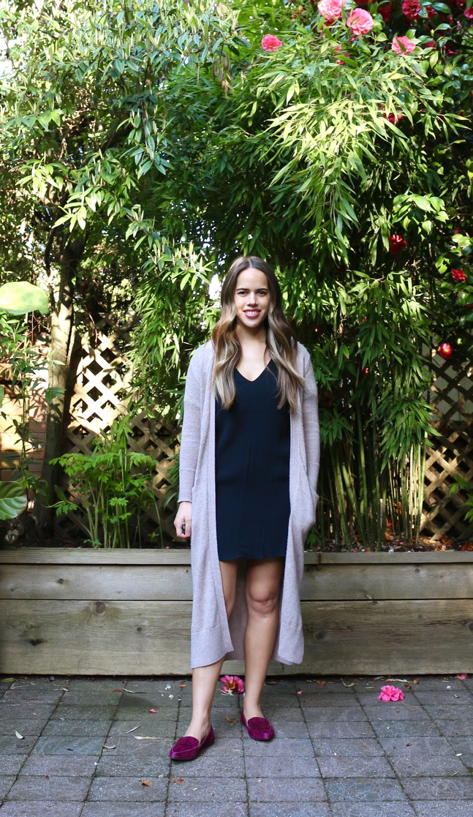 Jules in Flats - Black Shift Dress with Duster Cardigan (Business Casual Spring Workwear on a Budget)
