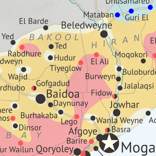 Who controls Somalia? Map (2018). With states, regions, and territorial control. Best Somalia control map online, thoroughly researched, detailed but concise. Shows territorial control by Federal Government of Somalia (FGS), Al Shabaab, so-called Islamic State (ISIS/ISIL), separatist Somaliland, and autonomous states Puntland, Galmudug, and Khatumo. Updated to November 14, 2018. Colorblind accessible.