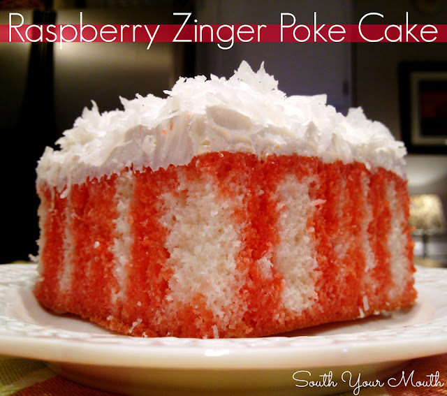 Raspberry Zinger Poke Cake! White cake with raspberry drizzle topped with whipped coconut topping.