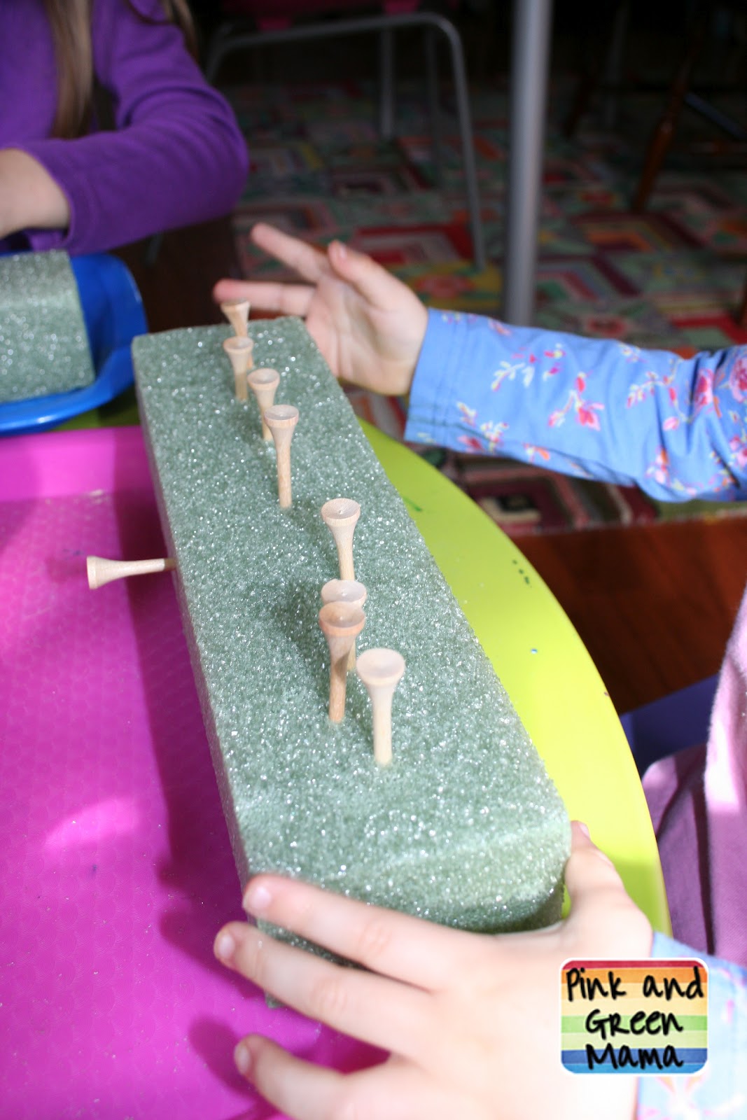 Pink and Green Mama Preschool At Home Marbles and Golf Tee Game