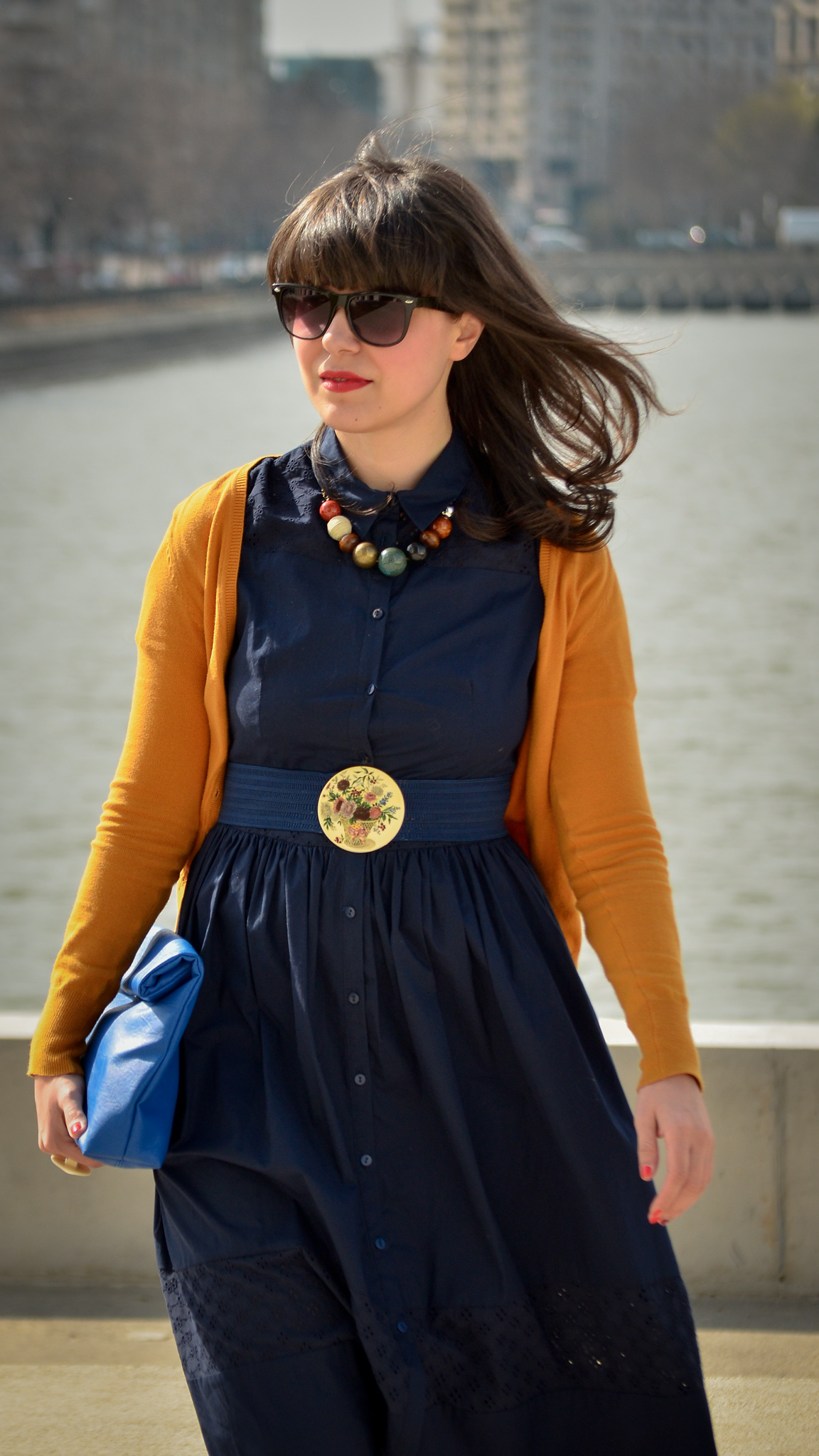 spring outfit navy dress 50s style mustard cardigan c&a thrifted belt cobalt blue clutch new yorker poema mustard heels 