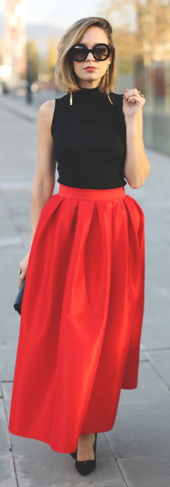 Women's fashion | Chic black top with red pleated midi skirt | Just a ...