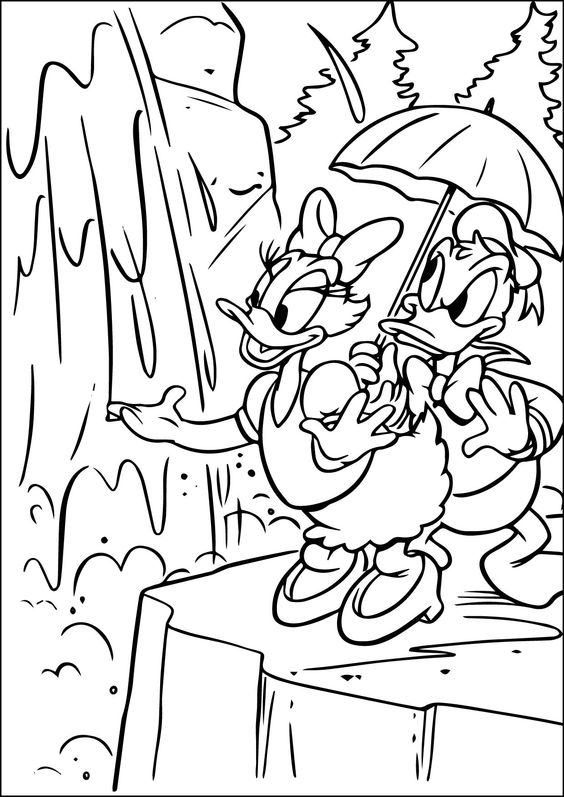 Tranh tô màu vịt Donald và Daisy với thác nước