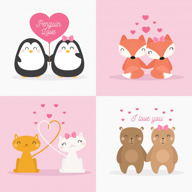Cute valentines day animal couple collection Free Vector