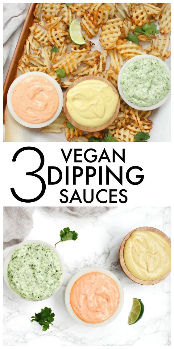 3 Vegan Dipping Sauces - Sriracha Mayo, Jalapeño Cilantro and Honey Mustard.