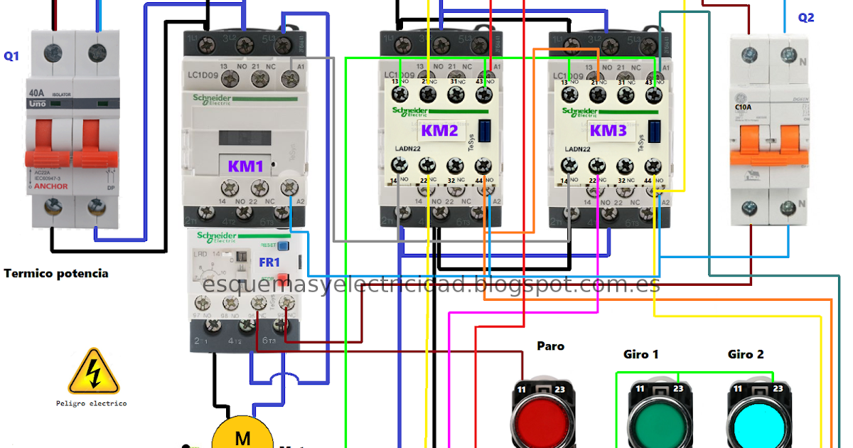 Esquemas eléctricos: Diagrama de cambio de giro para motor monofasico