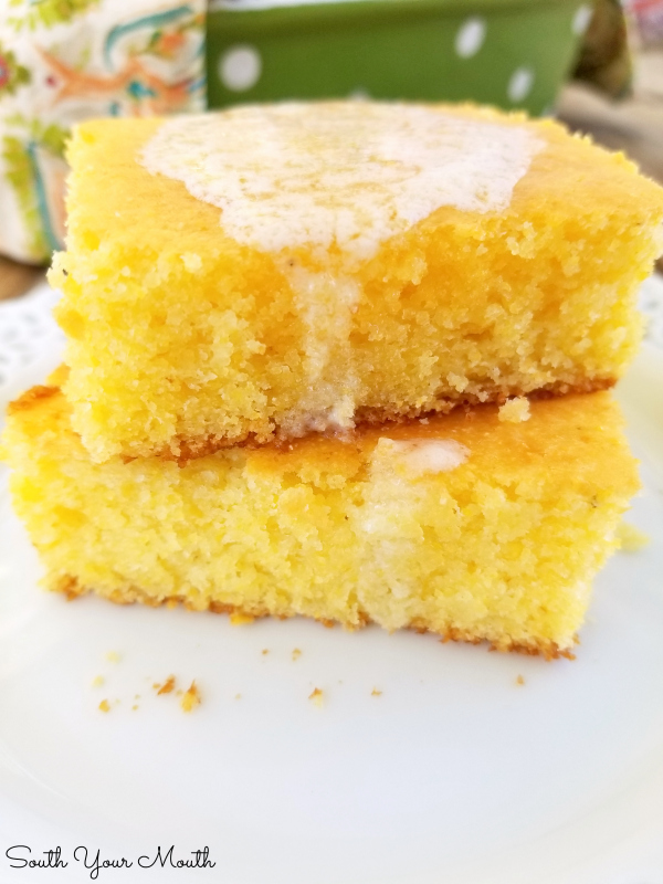 Spiffy Jiffy Cornbread | A spiffed up, semi-homemade recipe using Jiffy Cornbread mix, sour cream and real melted butter for a super moist and tender, absolutely perfect pan of cornbread.