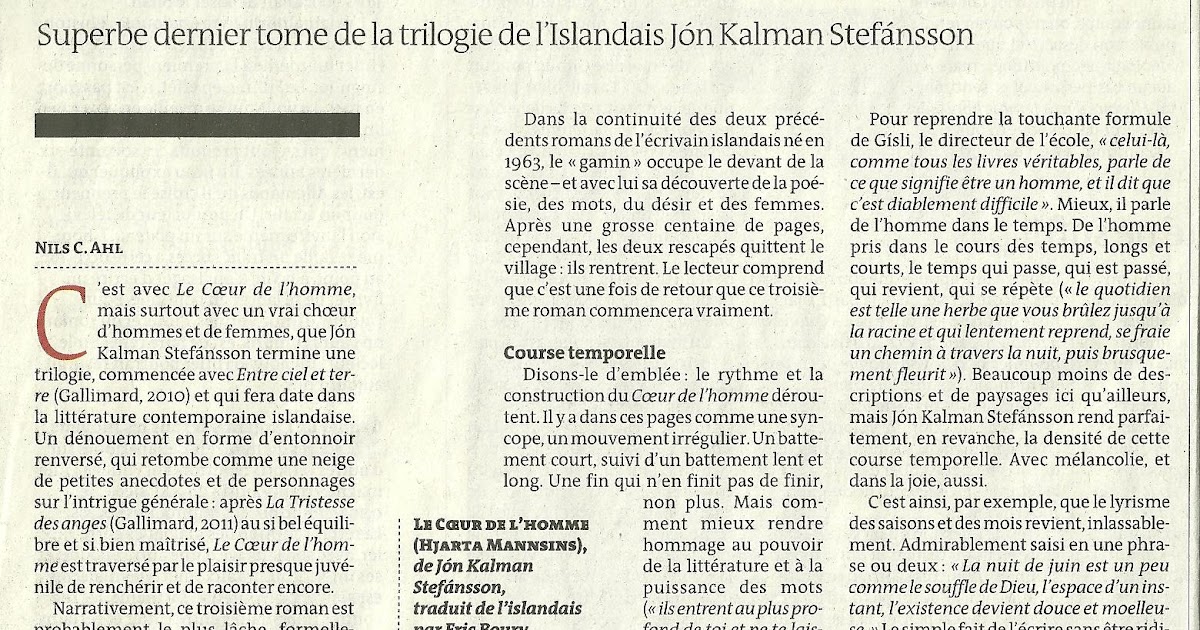 Le Coeur De L'homme Jón Kalman Stefánsson Le blog d'Eric Boury, traducteur littéraire: Quelques articles sur Le
