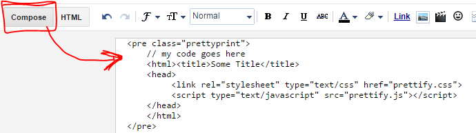 Formatting code blocks in your post with prettyprint