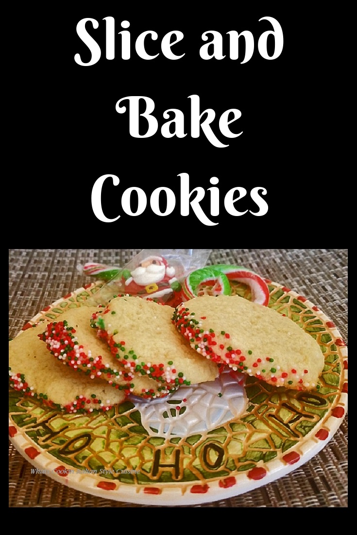 these are a festive Christmas cookies with red, white and green sprinkles on the outer edges. The cookies are soft inside crunchy on the outside and all butter with any flavor you like. This recipe is how to make slice and bake cookies.