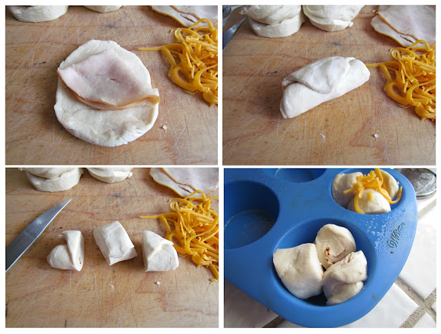 A demonstration on how to wrap lunch meat in dough to make Turkey & Cheese Monkey Bread Muffins