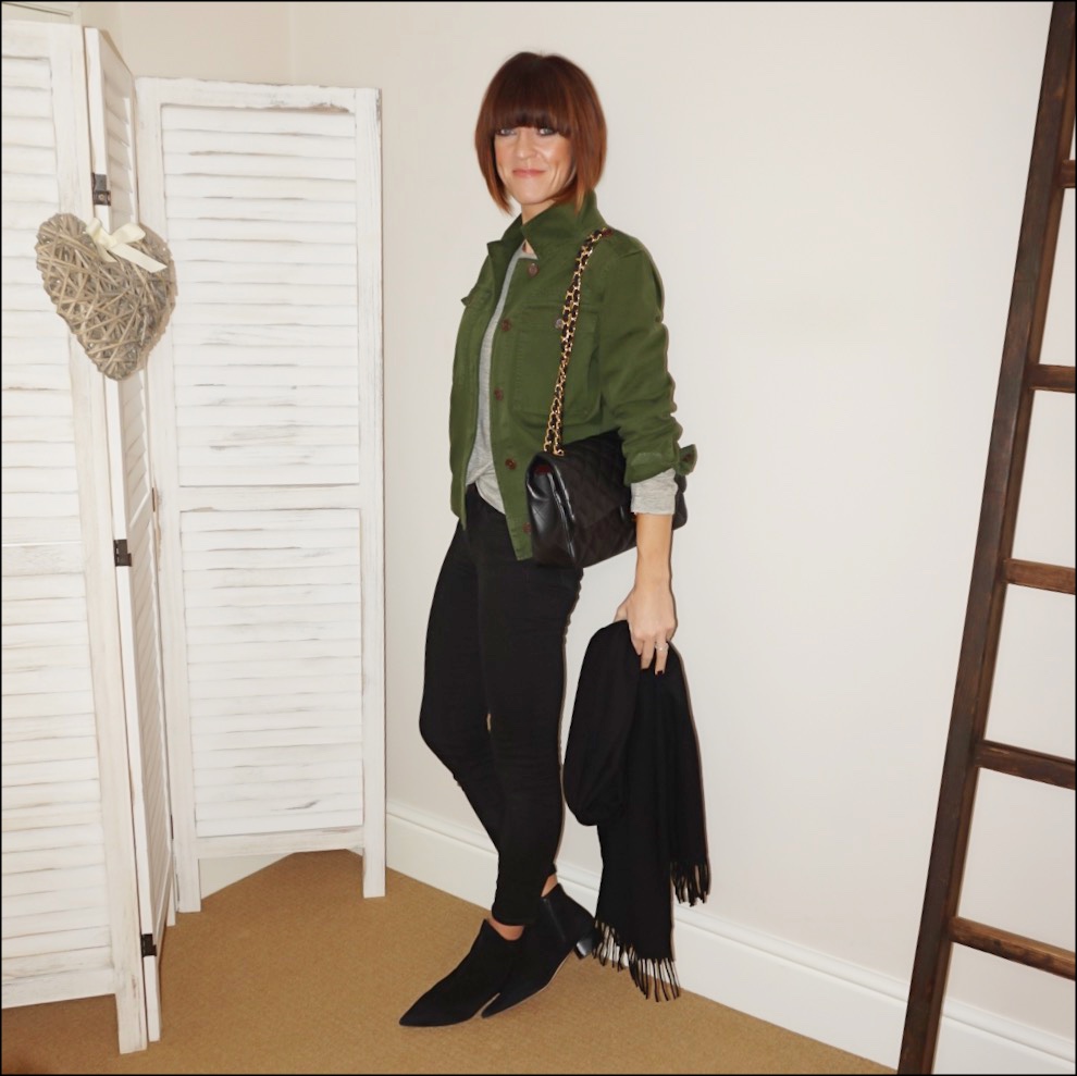 my midlife fashion, j crew cotton overshirt, alexander wang linen t shirt, chanel quilted bag, j crew 8 inch stretch true black jeans, acne studios canada wool scarf, find ark womens leather ankle boots