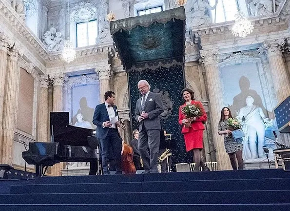 King Carl Gustaf, Queen Silvia and Princess Sofia Hellqvist of Sweden attended a concert at the Royal Palace in Stockholm. The concert was held in the Hall of State at the Royal Palace of Stockholm as part of the Young Music at the Palace festival.