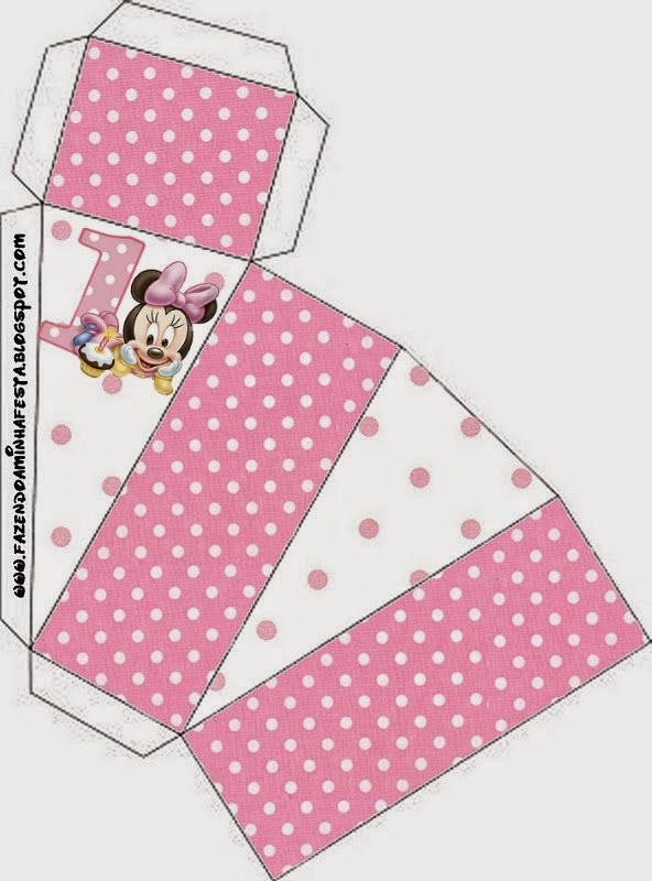 Minnie Primer Año con Lunares: Cajas para Imprimir Gratis. Esta es para hacer la tarta de cajas.