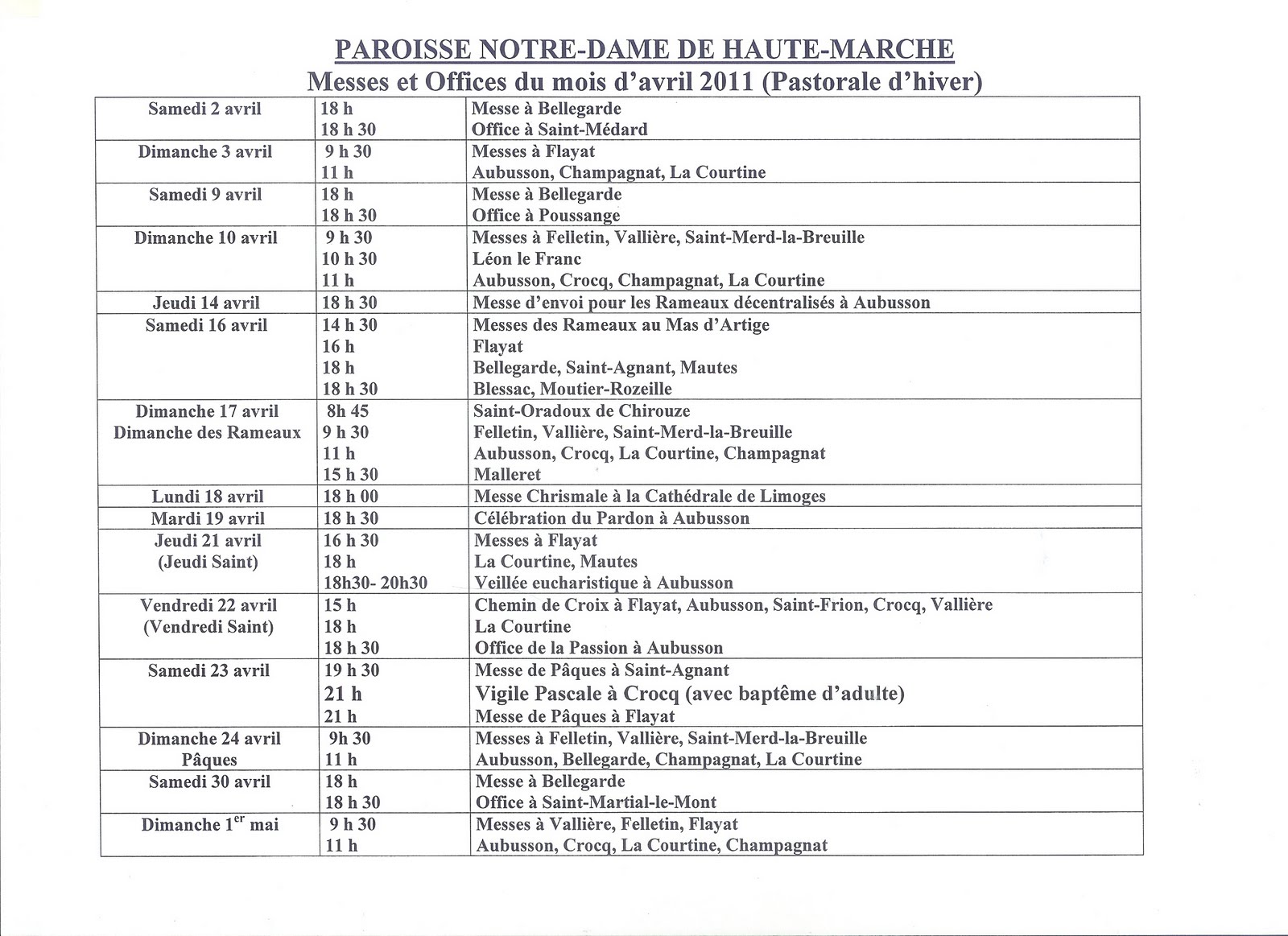 Le Journal de la Paroisse Notre Dame de Haute Marche Horaires des
