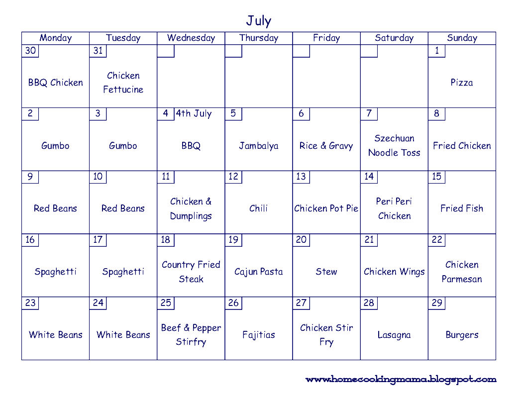 Home Cooking Mama July Meal Plan Home Cooking Mama July Meal Plan