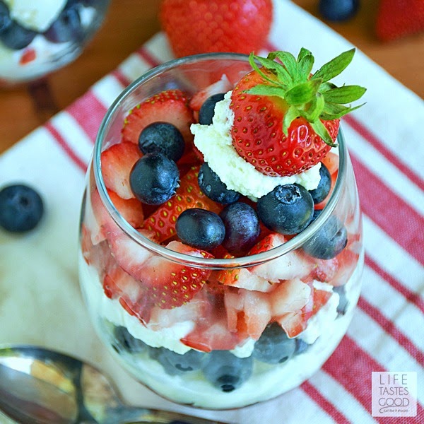 Red, White, and Blue Parfaits | by Life Tastes Good make the perfect dessert for our holiday weekend. The patriotic colors bring that festive feel, and because these parfaits are made with less carbs, we can enjoy this tasty holiday treat without all the guilt! #SundaySupper