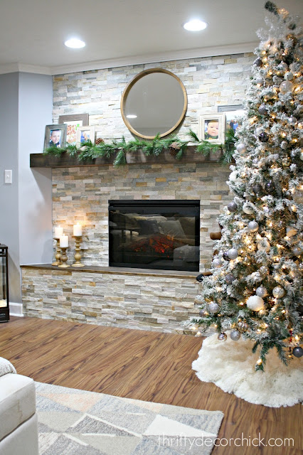 stacked stone fireplace in bump out