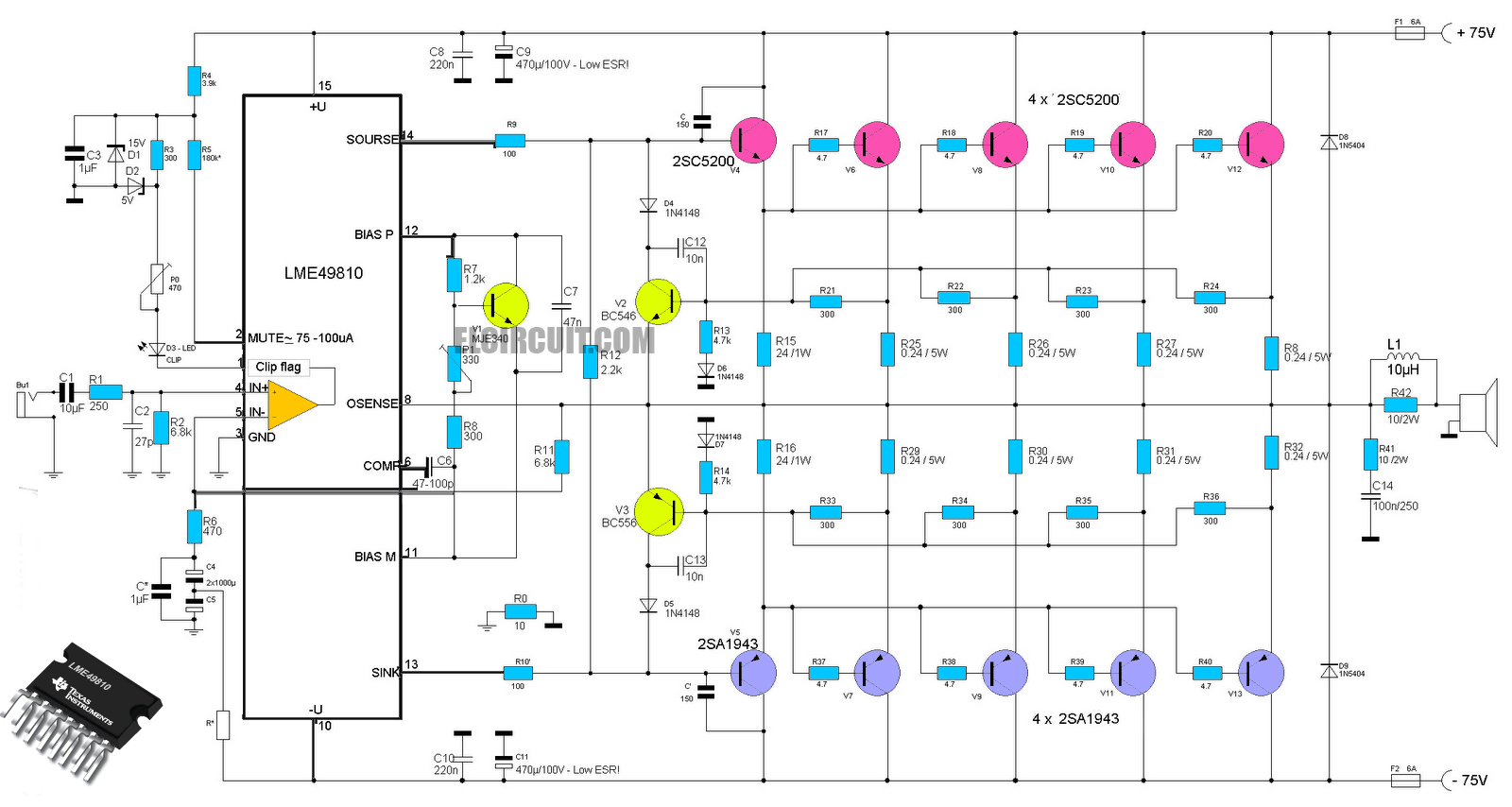 High-End Power Amplifier LME49810 2SC5200 2SA1943 - Electronic Circuit