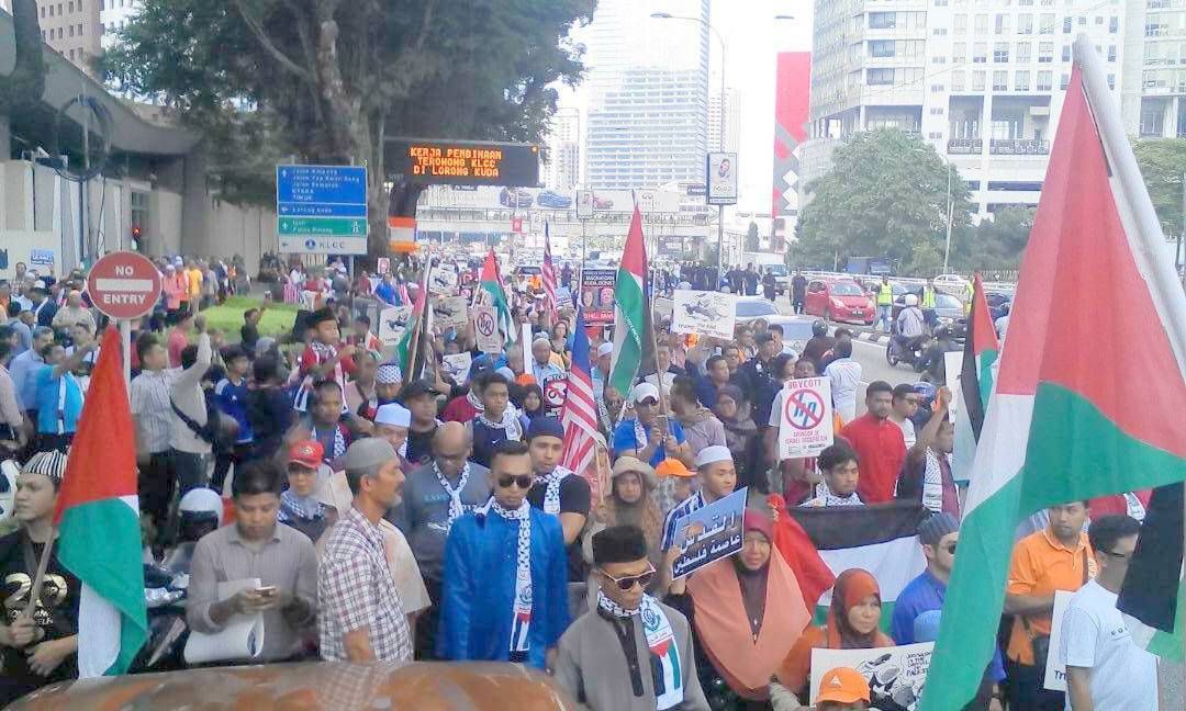 ONLY MALAYSIA N PALESTINE FLAGS SEEN AT DEMO ANTI ZIONIST -TRUMP- AMERICA !