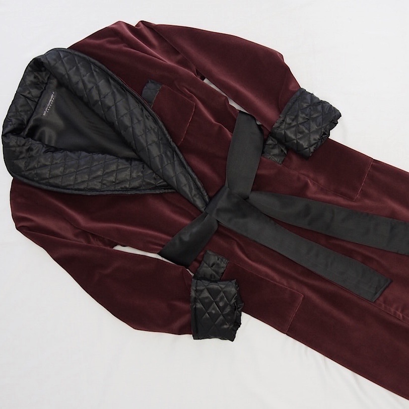 Burgundy Velvet Dressing Gown with Quilted Black Silk