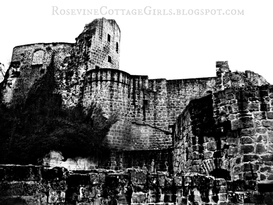 Black and white photo of Hardenburg Castle ruins in Germany.
