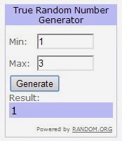 True Random Number Generator showing that out of 3 numbers, it has chosen number 1