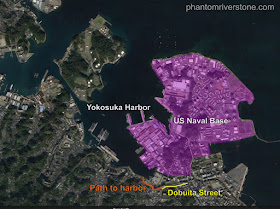 Aerial view of Yokosuka. The harbor can be reached by a short walk (marked in orange) from Dobuita Street.