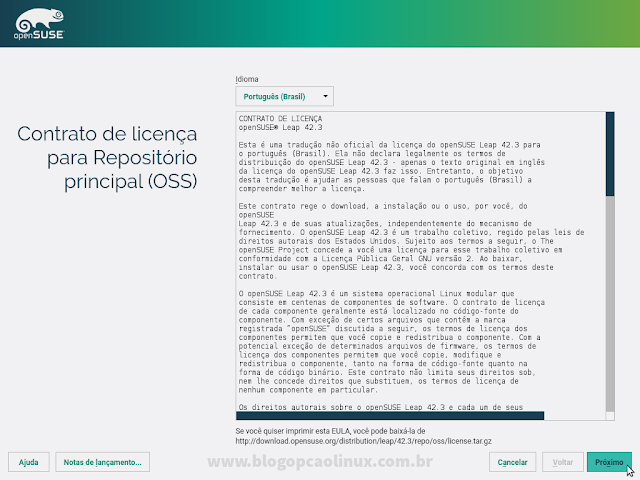 Leia e aceite o contrato de licença do openSUSE