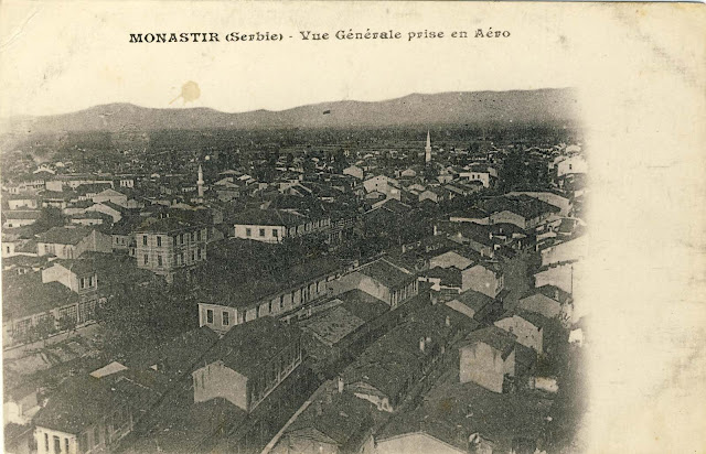 Airplane photograph of part of Bitola made in 1917 and published by French publisher Aurran from Marseille. Sent to France on July 7, 1918, with a brief greeting: Good health and kisses to all, Jean