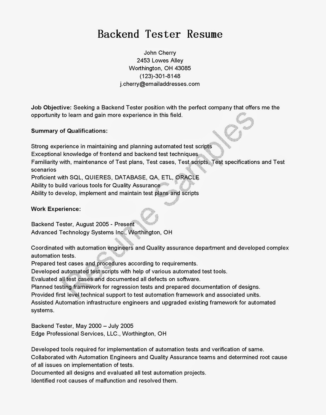 Resume Samples Backend Tester Resume