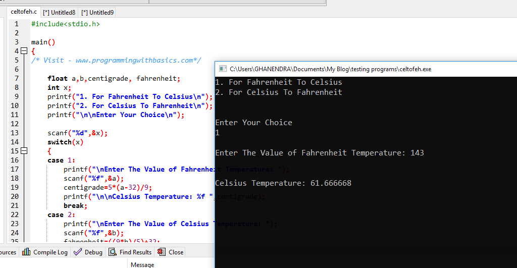 C program to convert celsius to fahrenheit