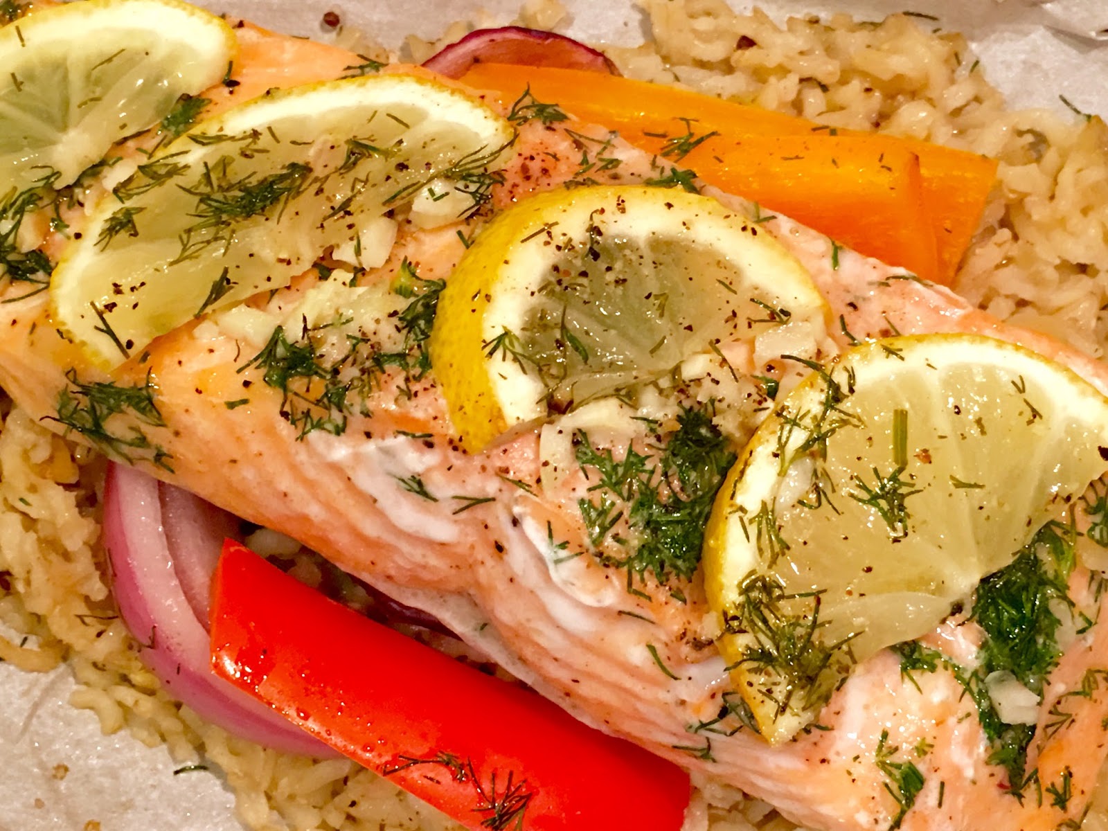 Salmon En Papillote with Bell Peppers, Brown Rice and Quinoa