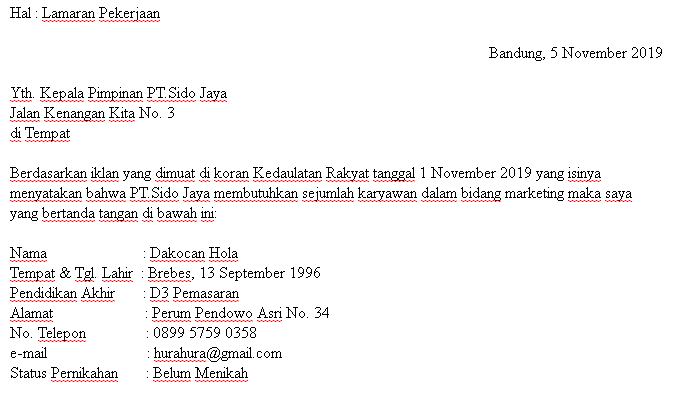 contoh surat lamaran pekerjaan berdasarkan iklan yang baik dan benar lamaran pekerjaan