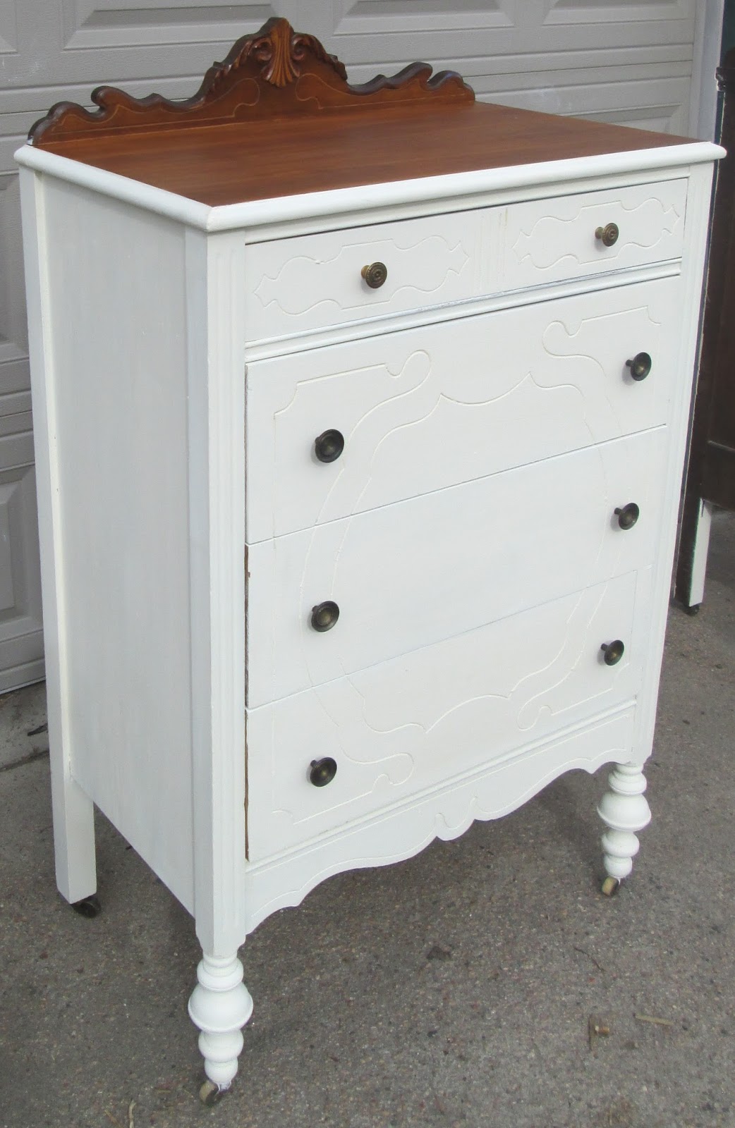 BoHO Chic Antique White Dresser / Chest Walnut Top, Original Pulls SOLD
