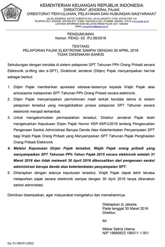 Batas Waktu Pelaporan Spt Pajak Via Online Tahun 2016 Diperpanjang Hingga 30 April 2016 Salam Edukasi