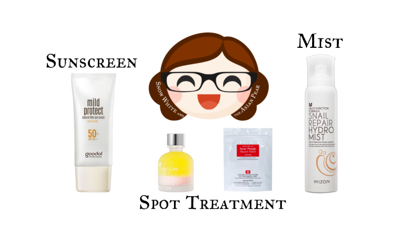 Korean sunscreen, acne spot treatment, mist
